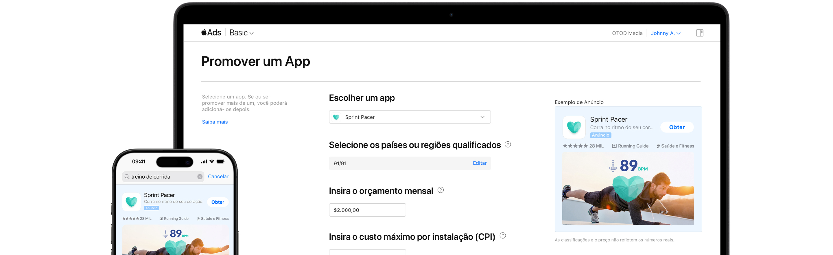 Uma tela do MacBook mostra a página Promover um app do Apple Ads Basic. O app de exemplo, Sprint Pacer, está selecionado. Um iPhone ao lado do MacBook mostra um anúncio do Sprint Pacer nos resultados de busca da App Store. 