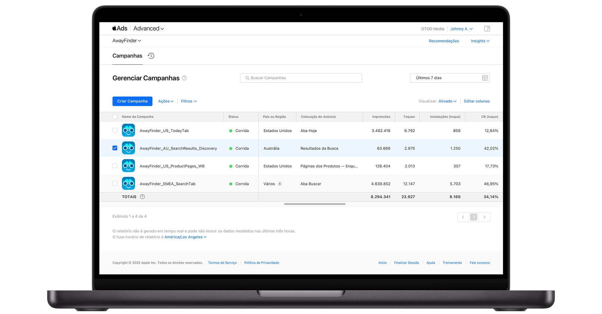 Painel Campanhas no Apple Ads exibindo as métricas de desempenho de uma campanha na aba Hoje, uma campanha nos resultados de busca, uma campanha na página do produto e uma campanha na aba Buscar.