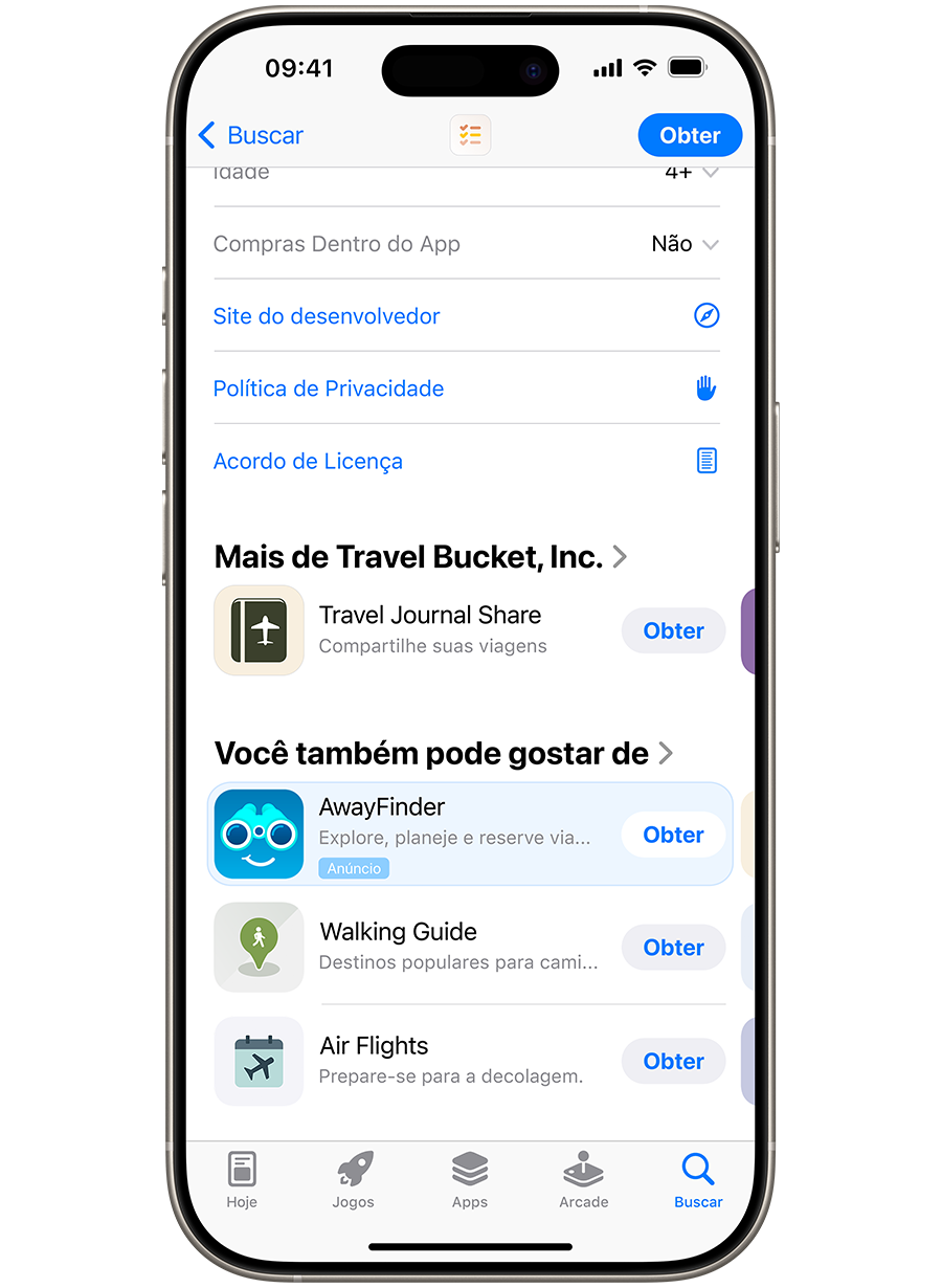 Um iPhone com a App Store aberta. Um anúncio do app de exemplo, AwayFinder, é exibido na parte inferior de uma página do produto da App Store, na qual usuários o veem caso rolem para baixo na página.