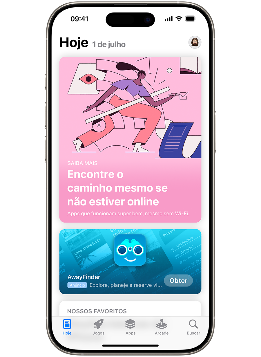 Um iPhone com a App Store aberta e um anúncio do app de exemplo, AwayFinder, exibido em destaque na aba Hoje. O anúncio mostra o ícone, o nome e o subtítulo do app, que diz: “Explore, planeje e reserve viagens”