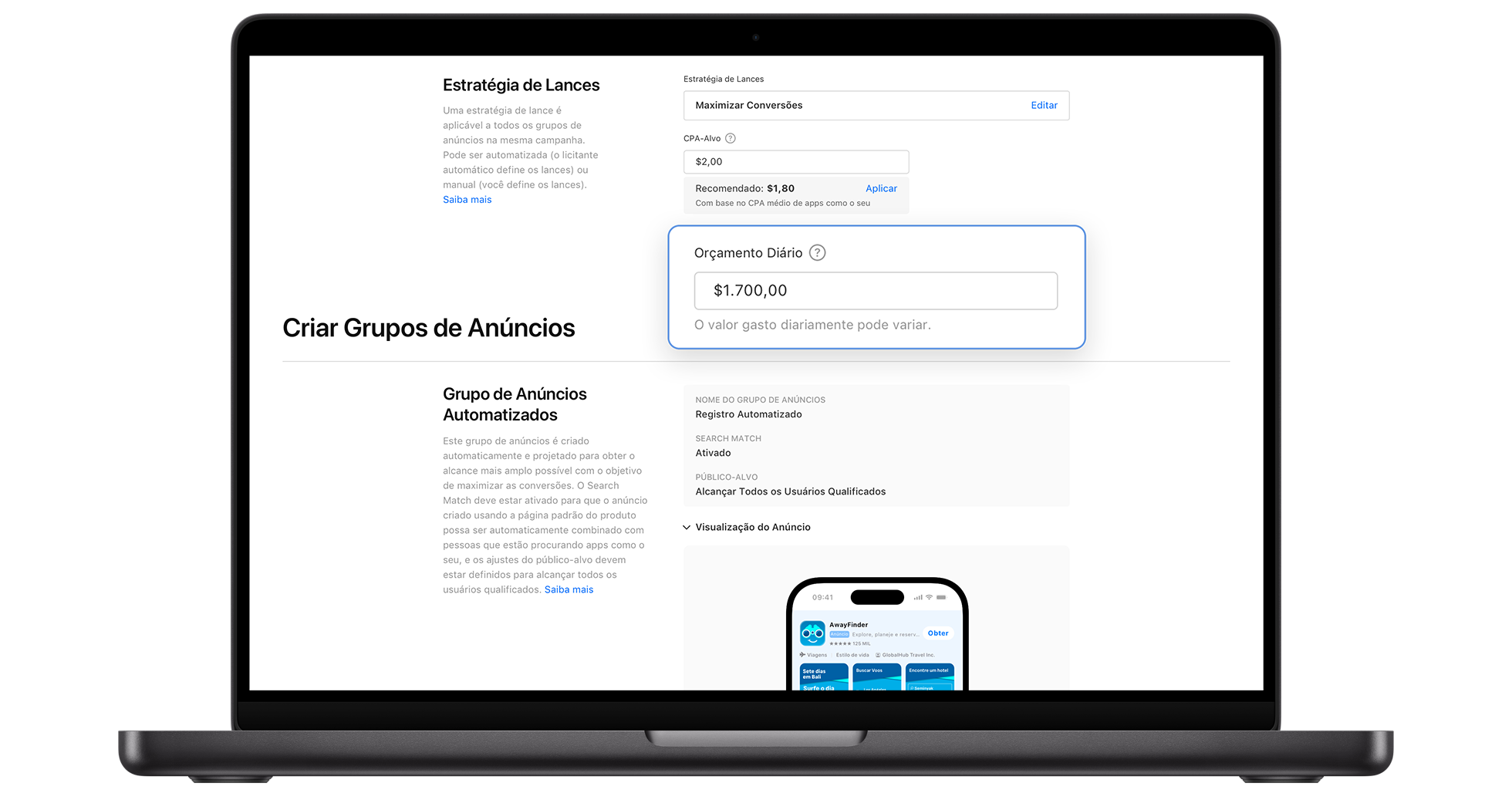 A seção Estratégia de Lances da página de criação de campanha do Apple Ads com o campo Orçamento Diário em destaque.