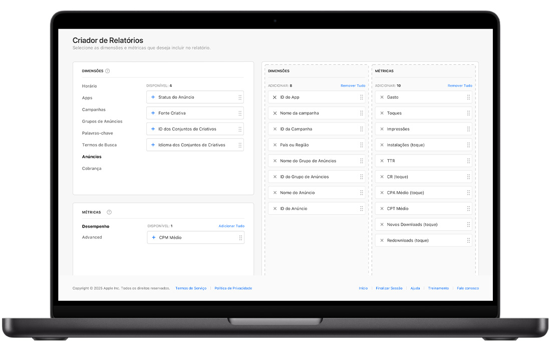 A página do Criador de Relatórios no Apple Ads Advanced, com dimensões e métricas de relatório disponíveis à esquerda e as dimensões e métricas escolhidas para o relatório personalizado à direita.