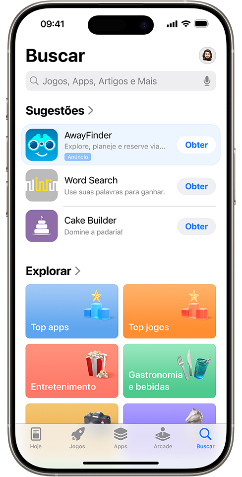 Um anúncio do app de exemplo AwayFinder na aba Buscar, na parte superior da lista de apps sugeridos.