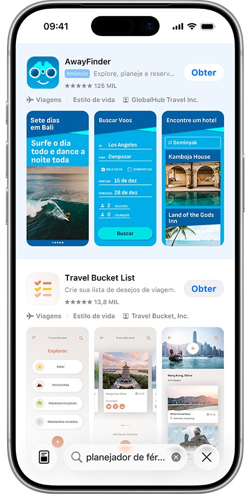 O termo "planejador de férias" está inserido na caixa de busca da App Store, e um anúncio do app de exemplo, AwayFinder, aparece no topo dos resultados de busca.