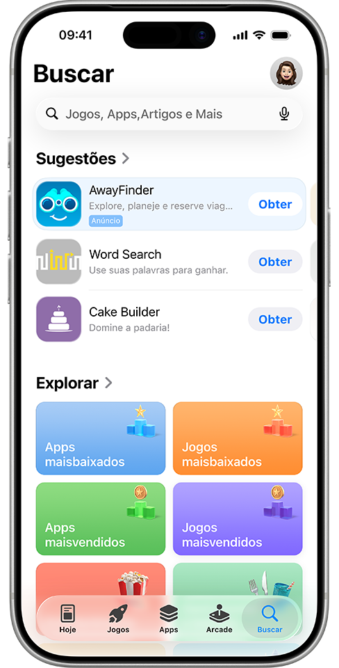 Um anúncio do app de exemplo AwayFinder na aba Buscar, na parte superior da lista de apps sugeridos.