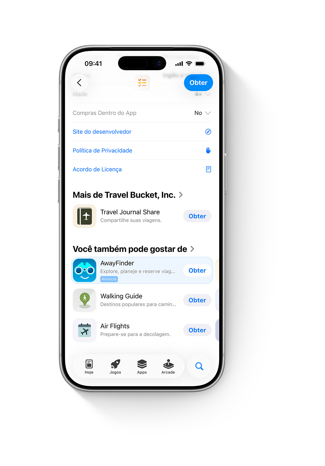 Um iPhone com a App Store aberta. Um anúncio do app de exemplo, AwayFinder, é exibido na parte inferior de uma página do produto da App Store. Ele aparecerá ao rolar a página até o final.