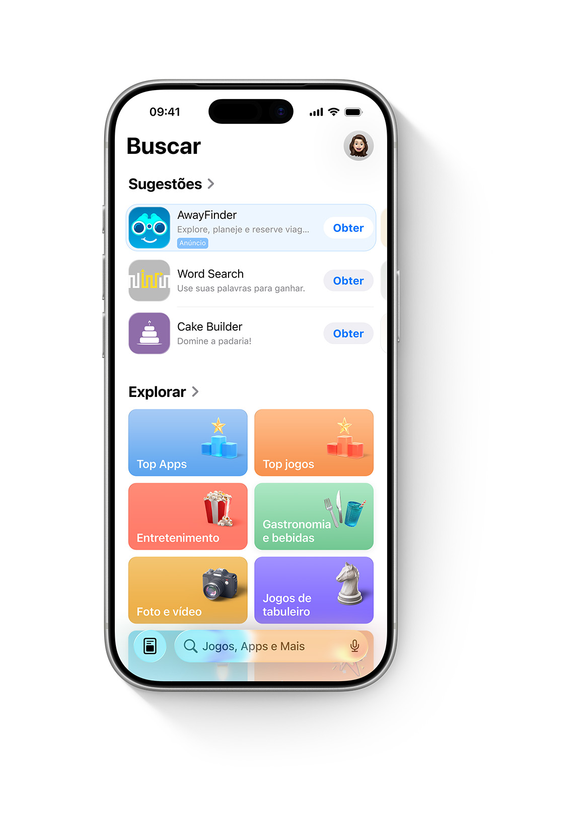 Um iPhone com a App Store aberta e um anúncio do app de exemplo, AwayFinder, na parte superior da lista de apps sugeridos da aba Buscar.