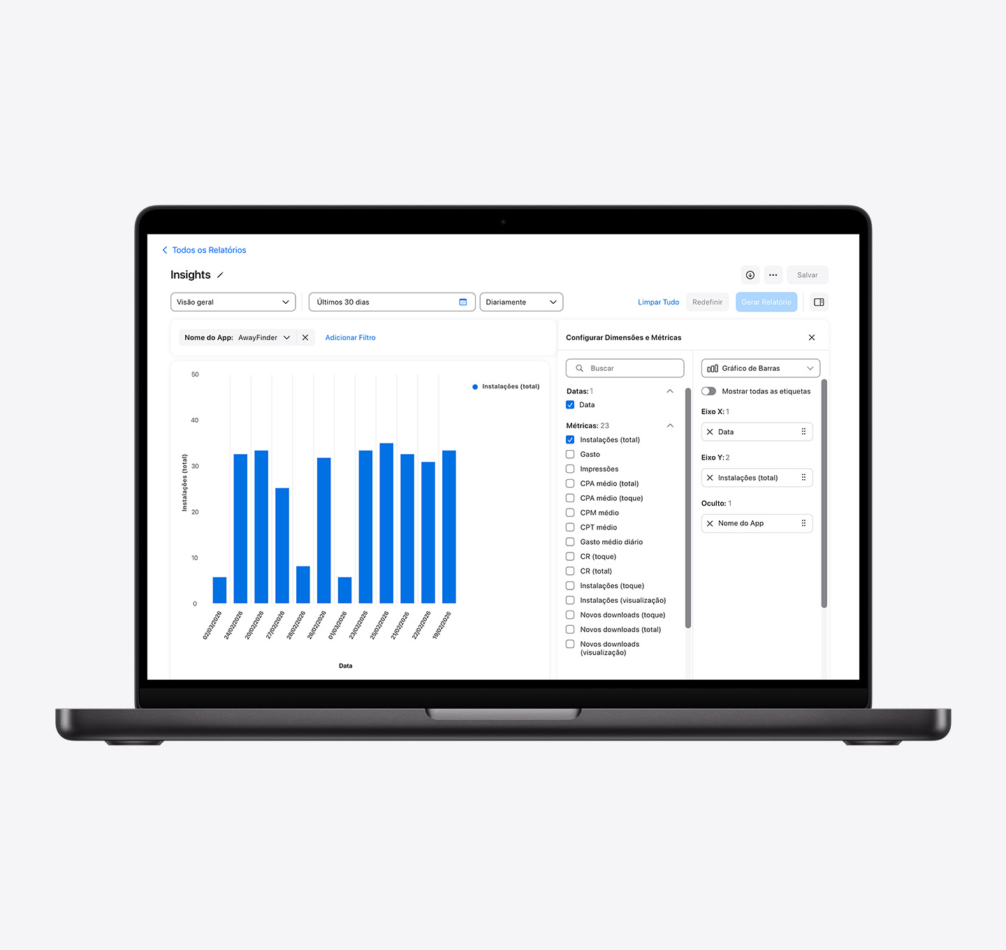 Um relatório de gráfico de barras criado com o Insights no Apple Ads. O gráfico mede as instalações na página do produto, os resultados de busca, a aba Buscar e as colocações de anúncios na aba Hoje.