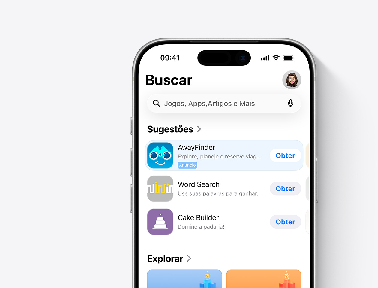  Um iPhone com a App Store aberta e um anúncio na aba Buscar do app de exemplo patrocinado, AwayFinder.