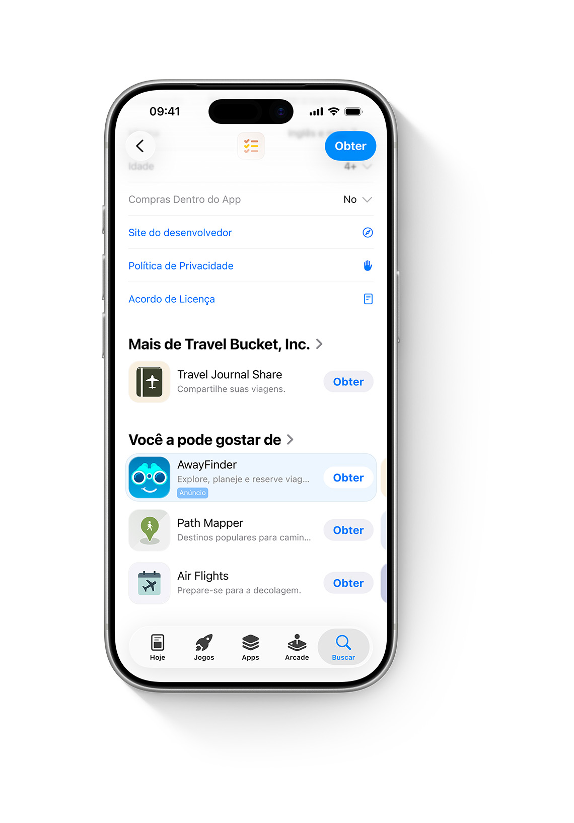 Um iPhone com a App Store aberta. Um anúncio do app de exemplo, AwayFinder, é exibido na parte inferior de uma página do produto da App Store. Ele aparecerá ao rolar a página até o final.