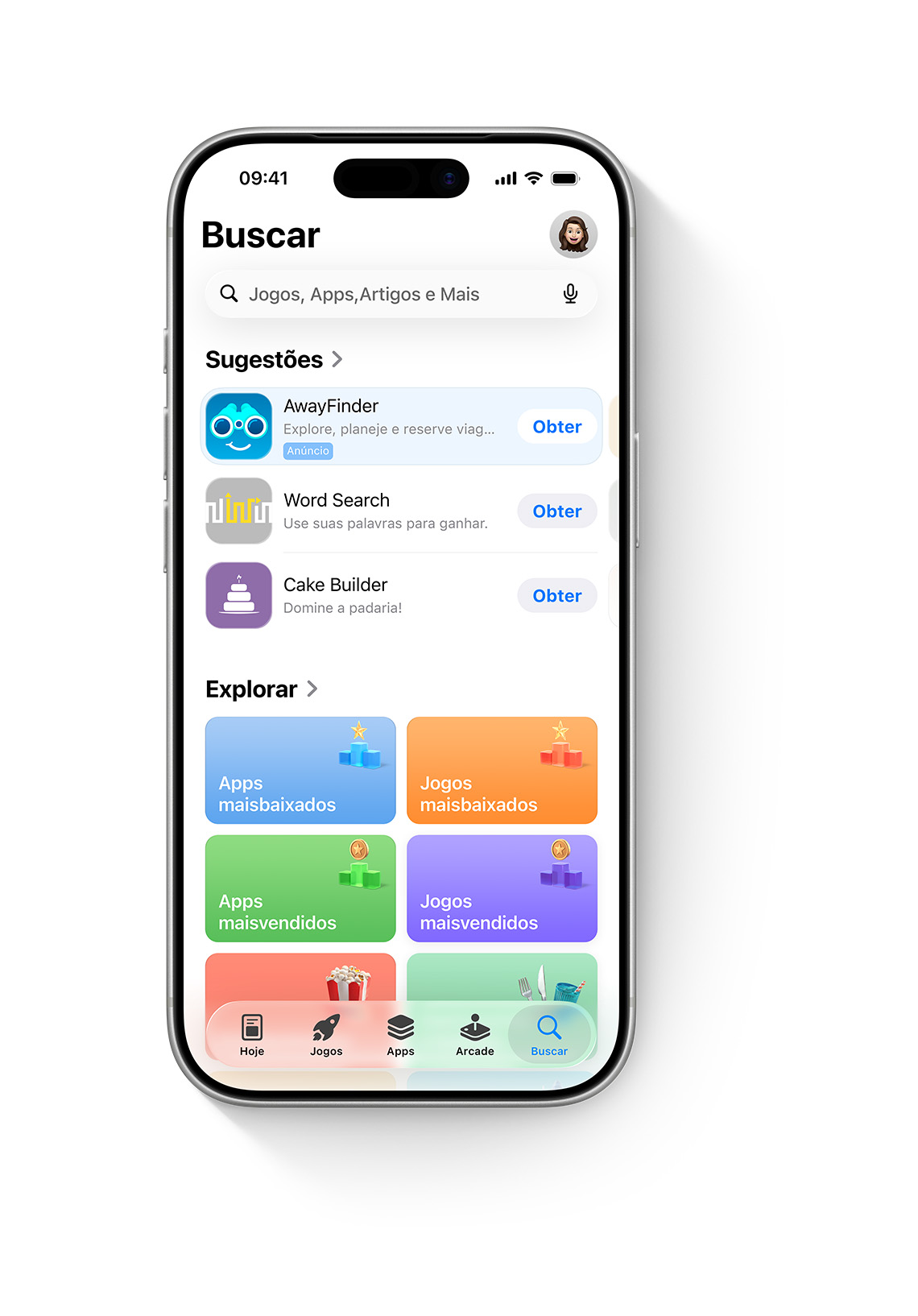 Um iPhone com a App Store aberta e um anúncio do app de exemplo, AwayFinder, na parte superior da lista de apps sugeridos da aba Buscar.