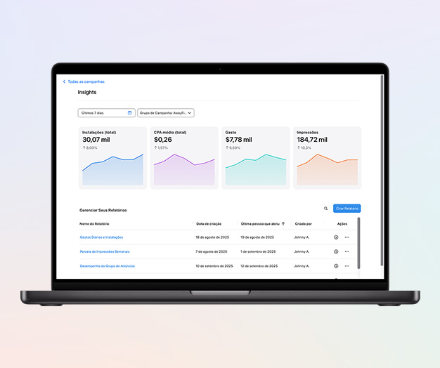Página Insights no Apple Ads mostrando quatro instantâneos gráficos das métricas de total de instalações, custo médio total por aquisição, gastos e impressões.