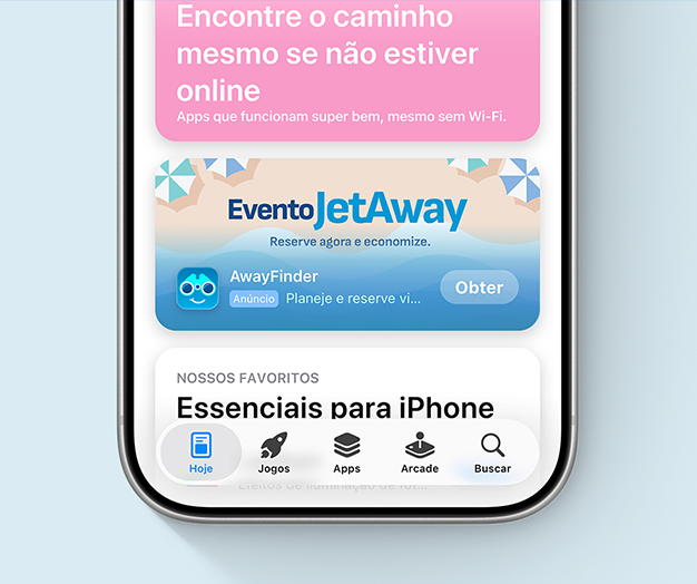 Um anúncio na aba Hoje do app de exemplo AwayFinder apresenta recursos criativos com uma ilustração de uma cena de praia e uma oferta especial chamada Evento JetAway.