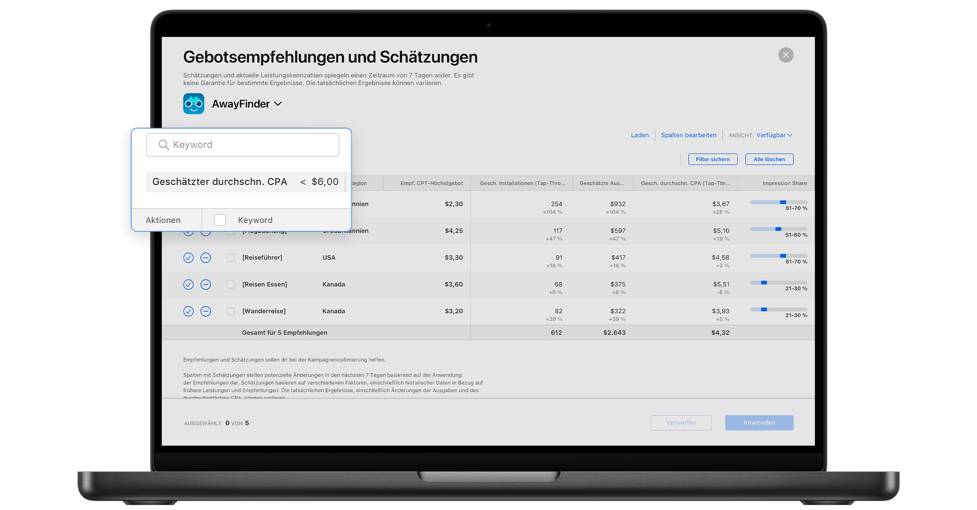 Die Seite mit den Gebotsempfehlungen in Apple Ads mit Filtern, die so eingestellt sind, dass nur die Empfehlungen angezeigt werden, die zu einem geschätzten durchschnittlichen CPA von weniger als 6,00 USD führen könnten.