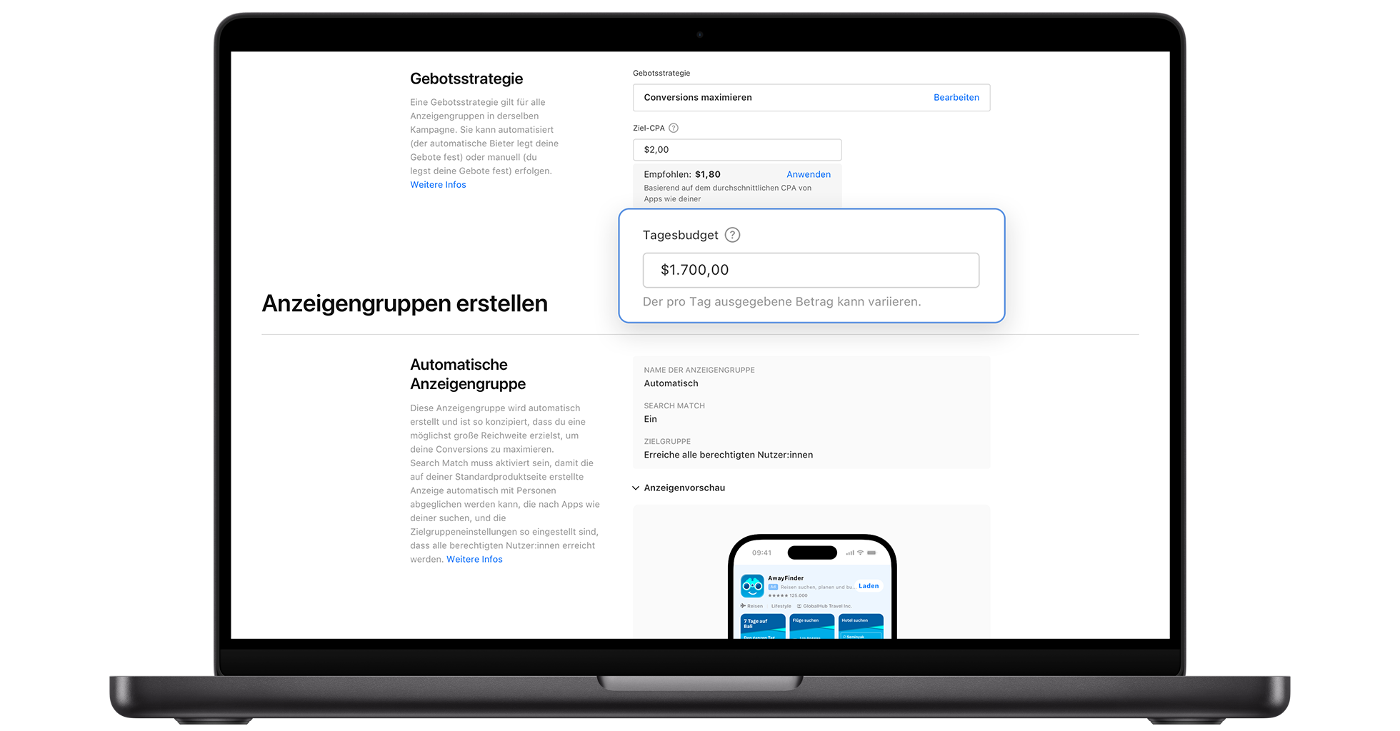 Der Abschnitt „Gebotsstrategie“ auf der Apple Ads Seite zur Kampagnenerstellung, mit hervorgehobenem Feld „Tagesbudget“.