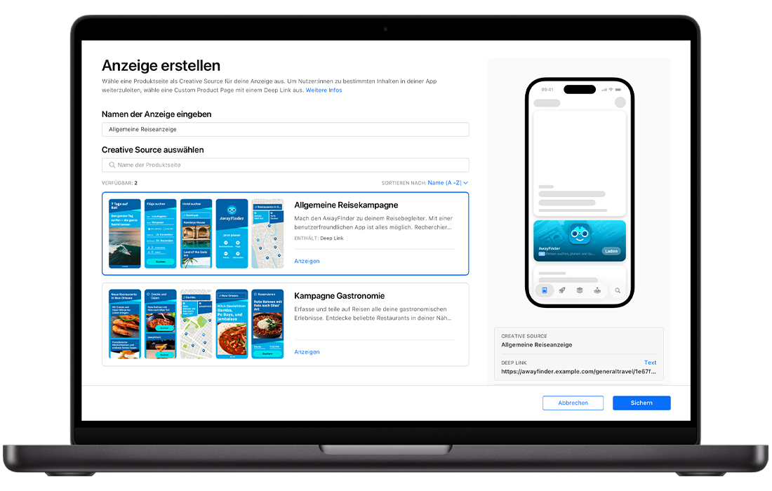 Auf einem MacBook ist die Erstellungsseite für eine Anzeige im Tab „Heute“ in Apple Ads geöffnet, auf der zwei verfügbare Custom Product Pages angezeigt werden. Der Titel der Tab-Anzeige „Heute“, die erstellt wird, lautet „General Travel Ad“ und eine Custom Product Page der General Travel Campaign ist ausgewählt. In der oberen rechten Ecke werden in einer Vorschau der Anzeige das App-Symbol, der Name und der Untertitel sowie Assets der Custom Product Page im Hintergrund der Anzeige angezeigt.