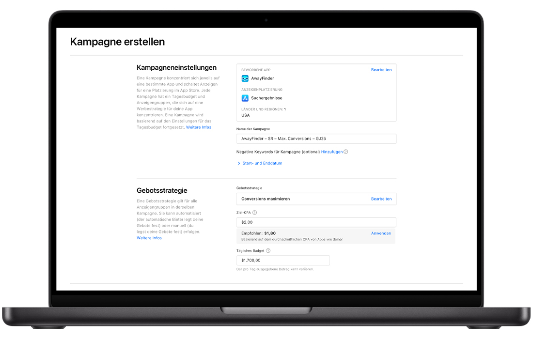 Der Bildschirm „Kampagne erstellen“ wird für eine „Conversions maximieren“-Kampagne ausgefüllt. Im Abschnitt „Kampagneneinstellungen“ ist die beworbene App AwayFinder ausgewählt, als Anzeigenplatzierung ist „Suchergebnisse“ ausgewählt und der Kampagnenname ist eingetragen. Im Abschnitt „Gebotsstrategie“ ist „Conversions maximieren“ ausgewählt, der Ziel-CPA beträgt 2,00 USD (mit einem empfohlenen Ziel-CPA, der darunter angezeigt wird) und das Tagesbudget liegt bei 1.700 USD.