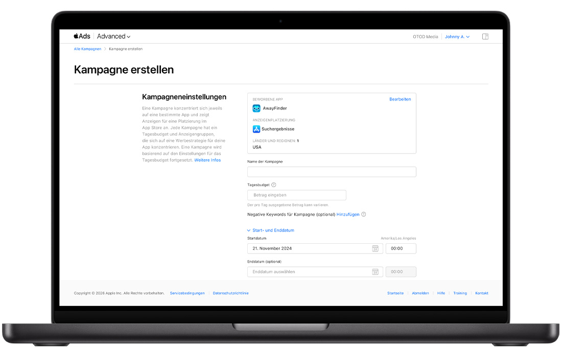 Die Seite „Kampagne erstellen“ in Apple Ads mit den Kampagneneinstellungen. Am unteren Rand des Bildschirms, unter den leeren Feldern für den Kampagnenname und das Tagesbudget, wurde ein blauer Link mit der Bezeichnung „Start- und Enddatum“ geöffnet, um die Felder für Startdatum und -zeit sowie optionale Felder für Enddatum und -zeit anzuzeigen.  