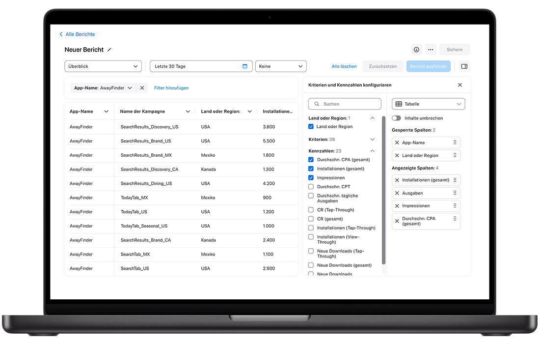 Ein Bericht mit gestapelten Spalten in Insights. Links neben dem Bericht wird eine Liste mit Messwerten angezeigt, und bestimmte Markierungsfelder sind bereits ausgewählt, um die Berichtsdaten festzulegen. 