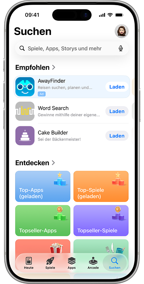 Eine Anzeige für die Beispiel-App „AwayFinder“ wird im Tab „Suchen“ oben in der Liste der vorgeschlagenen Apps angezeigt.