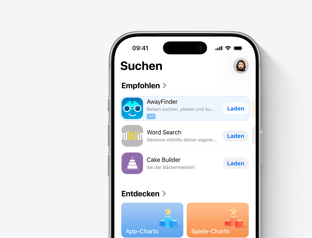  Ein iPhone, auf dem der App Store geöffnet ist und eine Anzeige auf dem Tab „Suchen“ für die Beispiel-App „AwayFinder“ angezeigt wird.