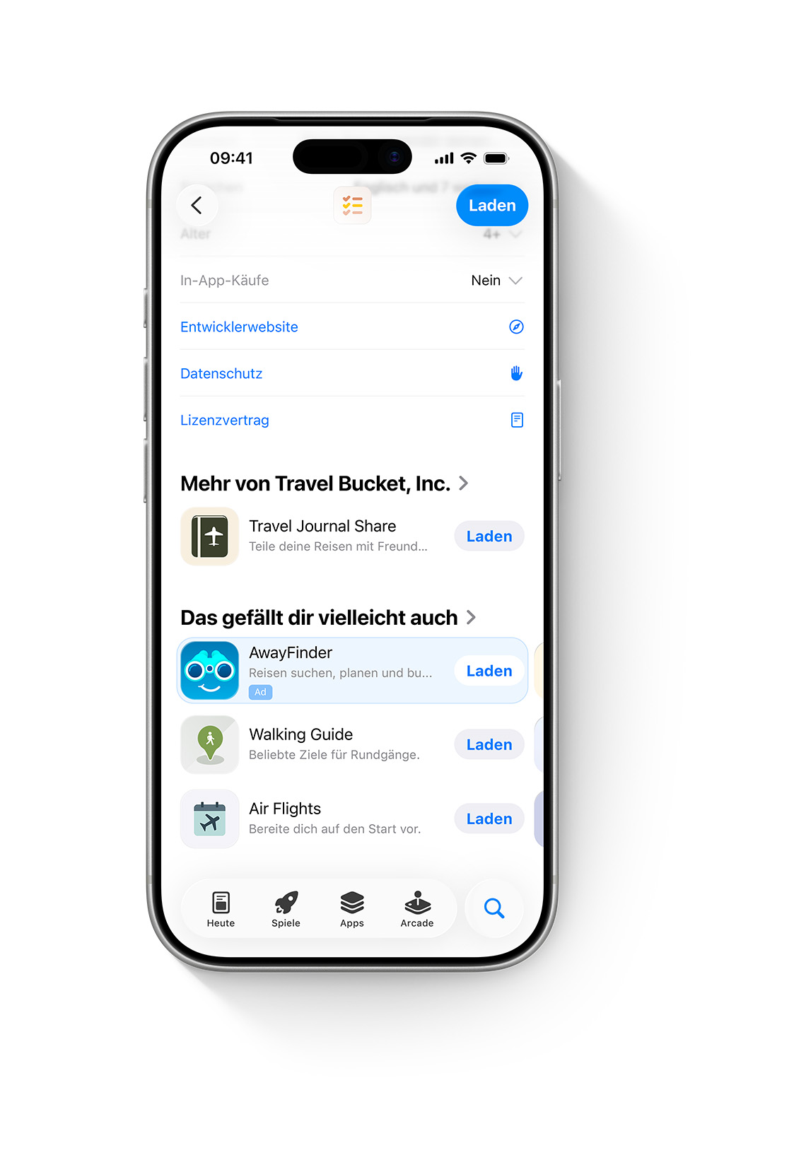 Ein iPhone mit geöffnetem App Store. Eine Anzeige für die Beispiel-App „AwayFinder“ wird unten auf einer Produktseite im App Store angezeigt, wo Nutzer:innen sie sehen können, wenn sie auf der Seite nach unten scrollen.