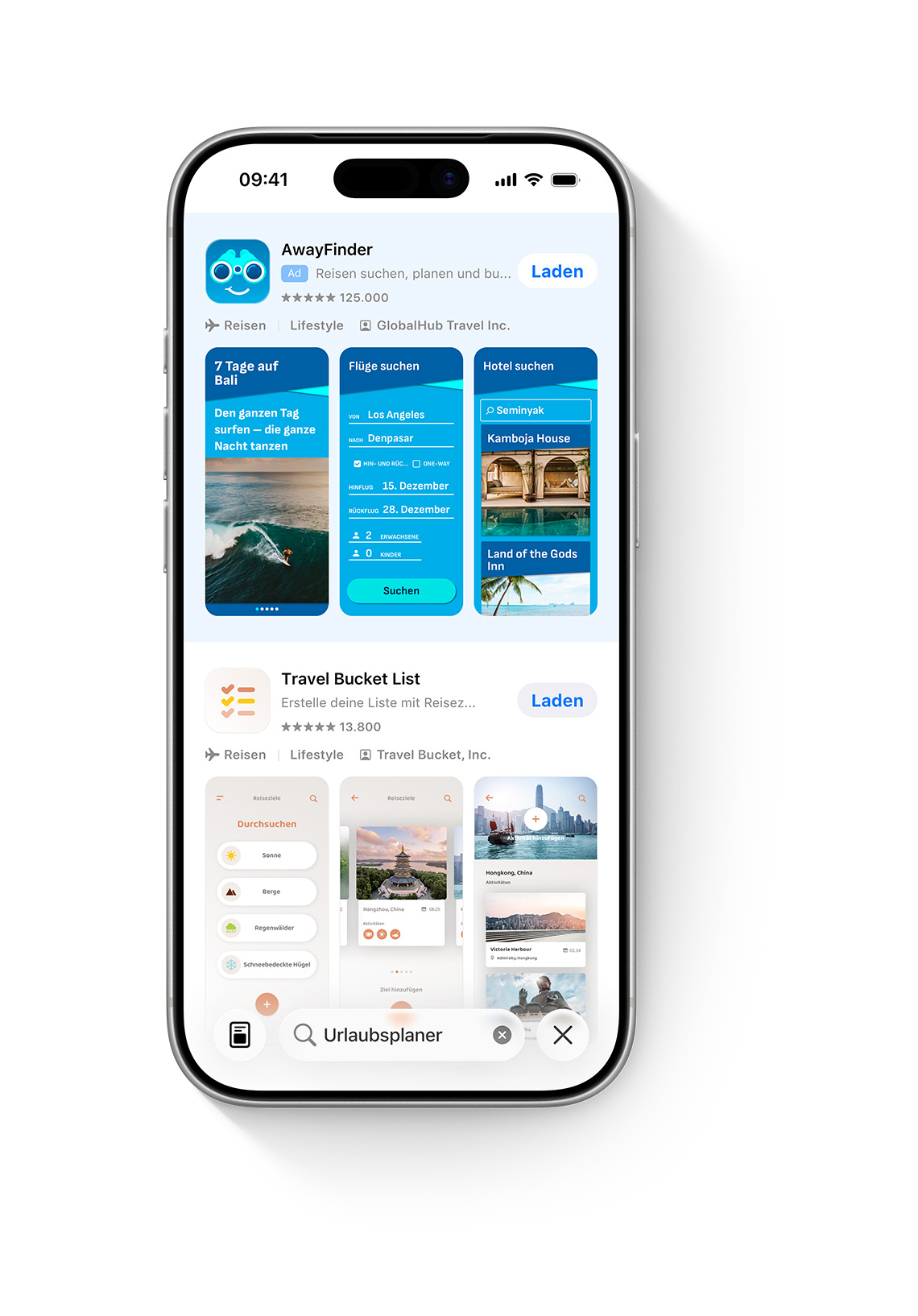 Ein iPhone mit geöffnetem App Store. Im Suchfeld ist der Suchbegriff „Urlaubsplaner“ eingegeben und oben in den Suchergebnissen wird eine Anzeige für die Beispiel-App „AwayFinder“ eingeblendet.