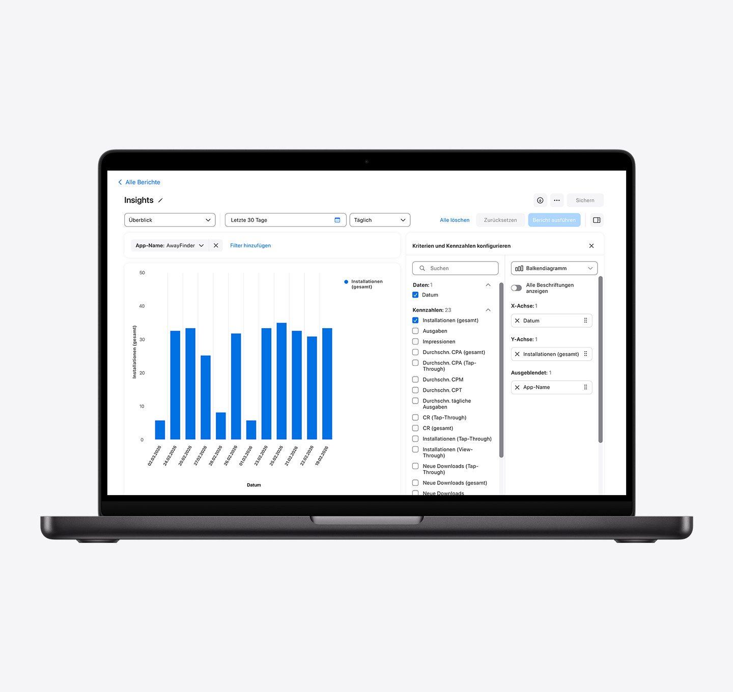 Ein mit Insights in Apple Ads erstellter Balkendiagrammbericht. Das Diagramm misst die Installationen über die Anzeigenplatzierungen auf Produktseiten, in den Suchergebnissen, im Tab „Suchen“ und im Tab „Heute“.