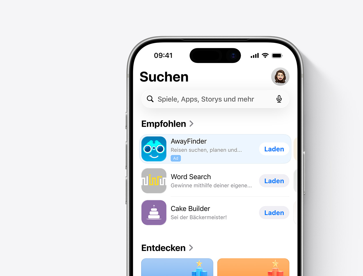  Ein iPhone, auf dem der App Store geöffnet ist und eine Anzeige auf dem Tab „Suchen“ für die Beispiel-App „AwayFinder“ angezeigt wird.