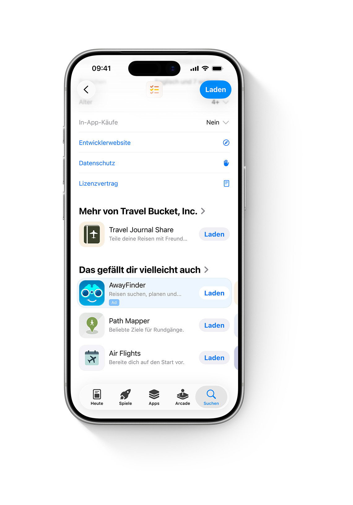 Ein iPhone mit geöffnetem App Store. Eine Anzeige für die Beispiel-App „AwayFinder“ wird unten auf einer Produktseite im App Store angezeigt, wo Nutzer:innen sie sehen können, wenn sie auf der Seite nach unten scrollen.