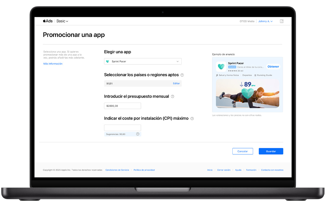 Una pantalla de MacBook muestra la página Promocionar una app para Apple Ads Basic. La app elegida es Sprint Pacer; se han seleccionado 60 de los 60 países o regiones que cumplen los requisitos; el presupuesto mensual se establece en 2000 USD y el CPI sugerido se establece en 0,60 USD.