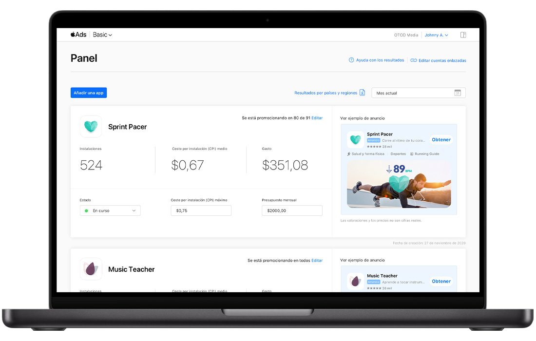 Panel de Apple Ads Basic que muestra los informes de dos apps: Sprint Pacer y Music Teacher. Cada app tiene un módulo y muestra el número de instalaciones, el CPI medio, el gasto total, el estado del anuncio, el CPI máximo, el presupuesto mensual y una vista previa del anuncio.