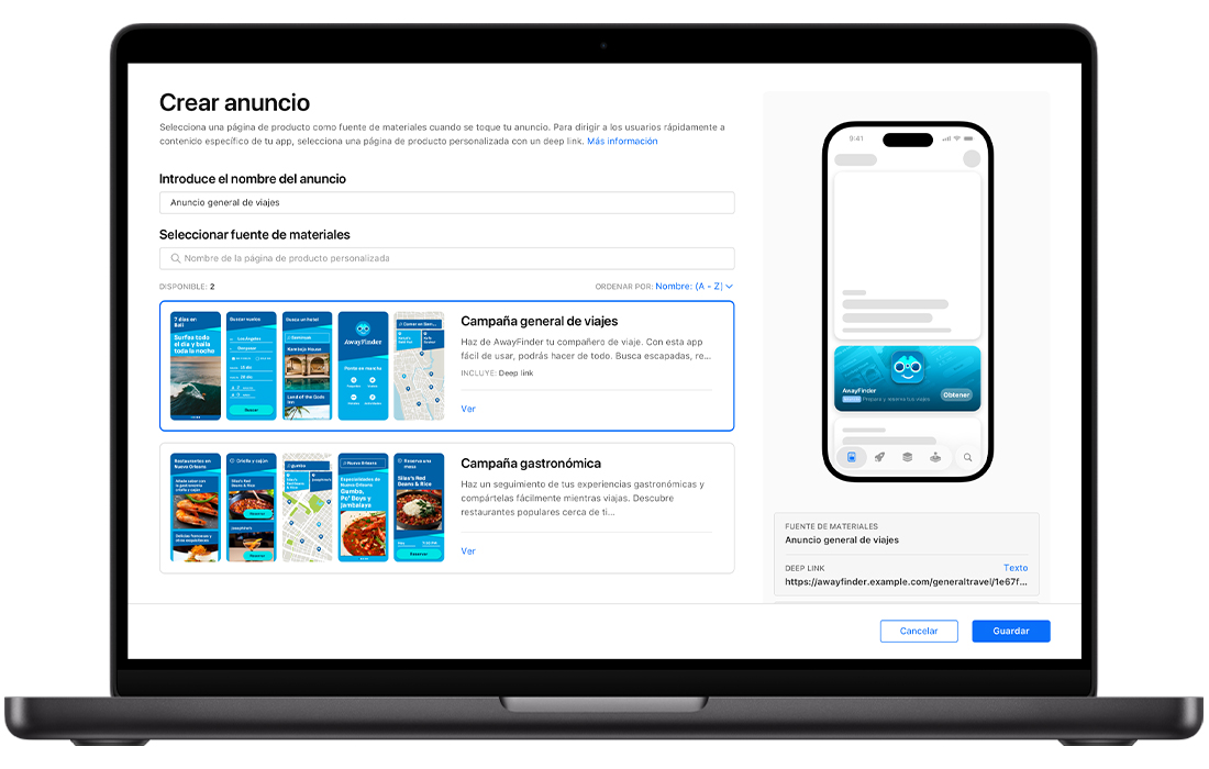 Un MacBook abierto con la página de creación de anuncios de la pestaña Hoy en Apple Ads que muestra dos páginas de producto personalizadas disponibles. El título del anuncio de la pestaña Hoy que se está creando es «Anuncio de viajes general» y se ha seleccionado una página de producto personalizada de la «Campaña de viajes general». En la esquina superior derecha, una vista previa del anuncio muestra el icono, el nombre y el subtítulo de la app con los materiales de la página de producto personalizada en el fondo del anuncio.