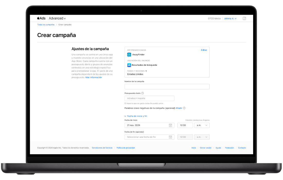 La página Crear campaña en Apple Ads, que muestra los ajustes de la campaña. Hacia la parte inferior de la pantalla, debajo de los campos vacíos del nombre de la campaña y el presupuesto diario, se ha abierto un enlace azul con la etiqueta Fecha de inicio y Fecha de finalización para mostrar los campos Fecha y hora de inicio y los campos de Fecha y hora de finalización opcionales.  