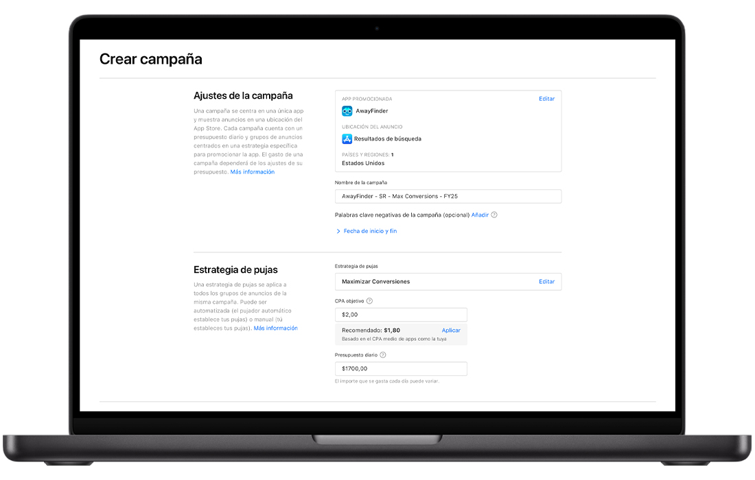 La pantalla Crear Campaña aparece completada para una campaña de Maximiza las Conversiones. En la sección Ajustes de la Campaña, la app promocionada es AwayFinder, la ubicación del anuncio está en los resultados de búsqueda y se ha escrito el nombre de la campaña. En la sección Estrategia de Puja se ha seleccionado Maximiza las Conversiones, el CPA objetivo es de 2,00 USD con un CPA objetivo recomendado que aparece debajo de él, y el presupuesto diario es de 1700 USD.