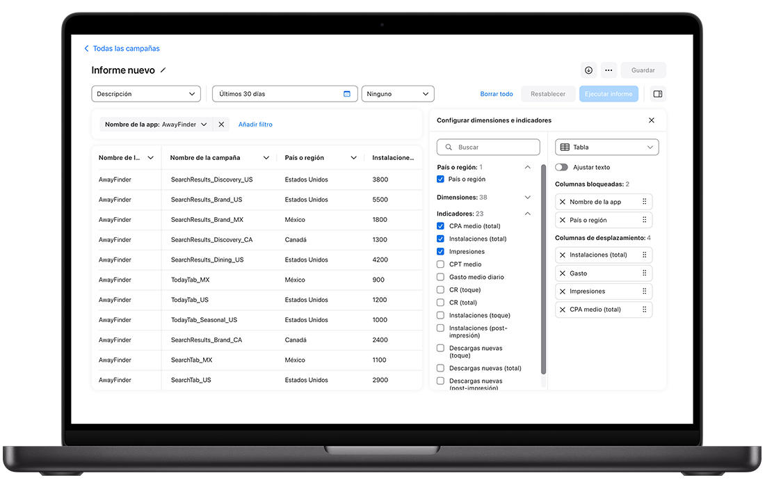 Un informe de columnas apiladas en Insights. A la izquierda del informe, aparece una lista de medidas con casillas de verificación específicas seleccionadas para determinar los datos del informe. 