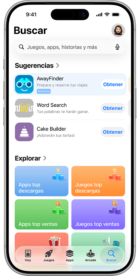 Un anuncio de la app de ejemplo AwayFinder que aparece en la pestaña Buscar en la parte superior de la lista de apps sugeridas.