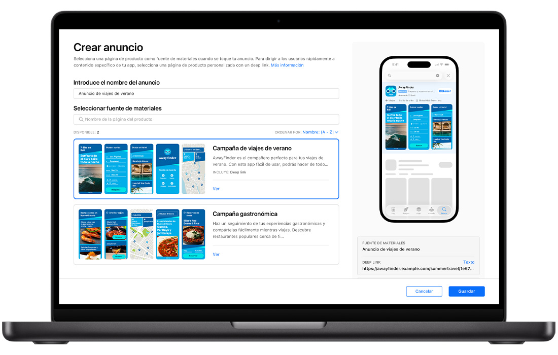 Un MacBook está abierto en la página Crear anuncio para una variante de anuncio de resultados de búsqueda en Apple Ads. Muestra dos páginas de producto personalizadas disponibles. El título de la variante del anuncio que se está creando es «Anuncio de viajes de verano» y se ha seleccionado una página de producto personalizada de la «Campaña de viajes de verano». A la derecha, un iPhone muestra una vista previa del anuncio.