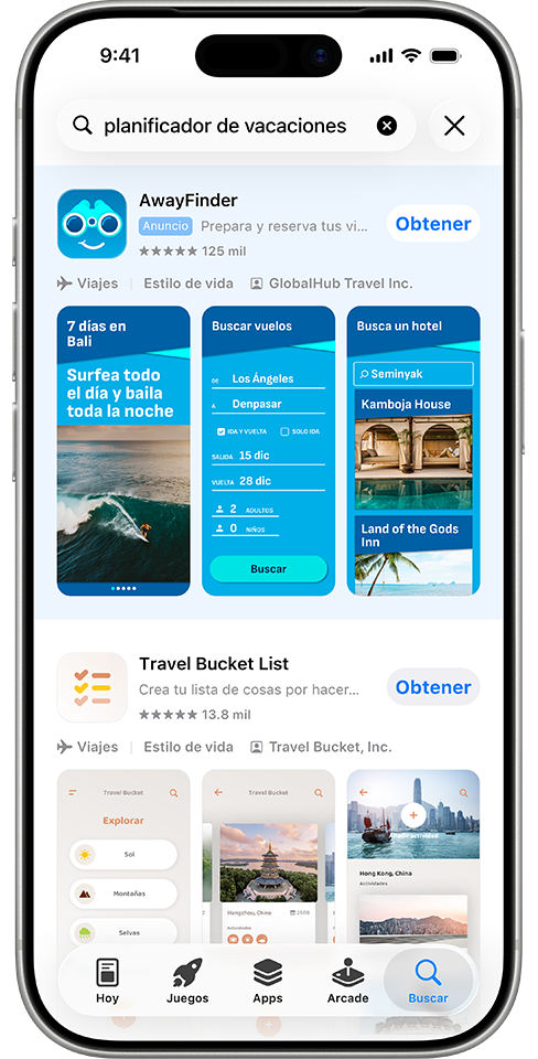 El término de búsqueda «planificador de vacaciones» se ha escrito en el cuadro de búsqueda del App Store, y aparece un anuncio de la app de ejemplo, AwayFinder, en la parte superior de los resultados de búsqueda.