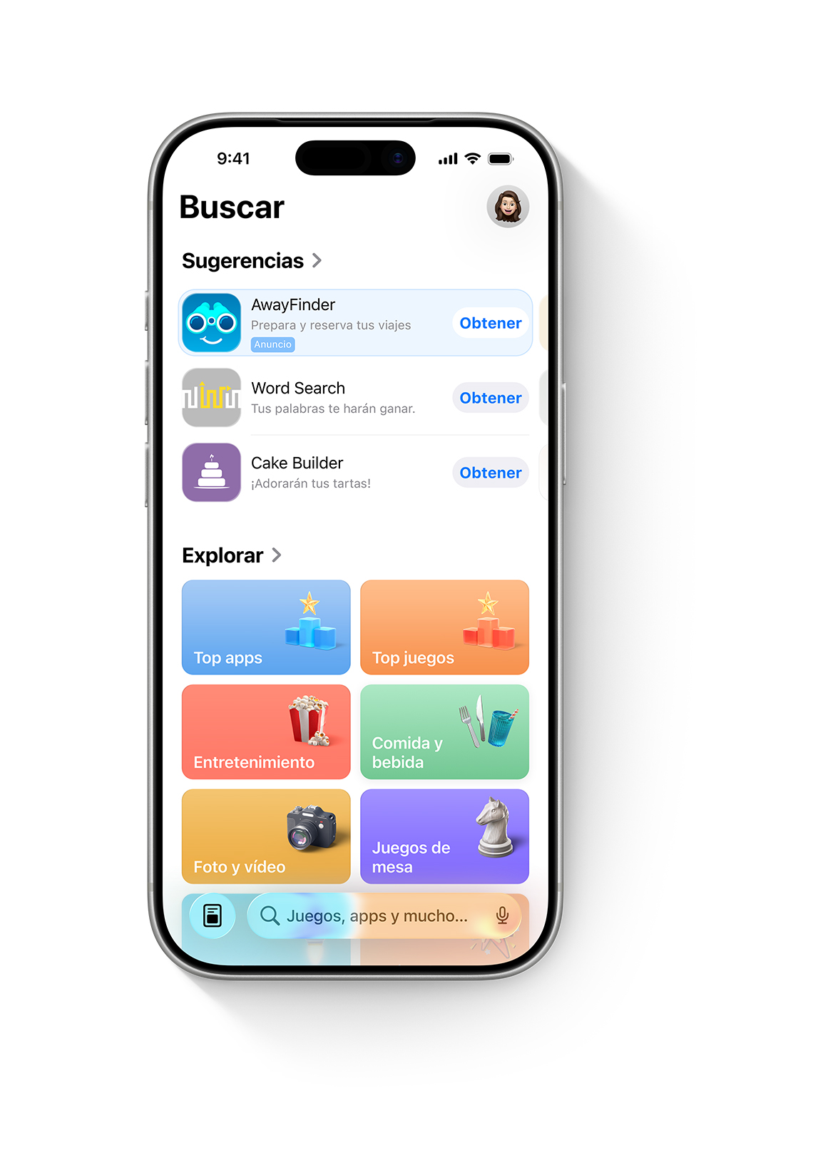 Un iPhone con el App Store abierto y un anuncio de la app de ejemplo, AwayFinder, que aparece en la pestaña Buscar en la parte superior de la lista de apps sugeridas.
