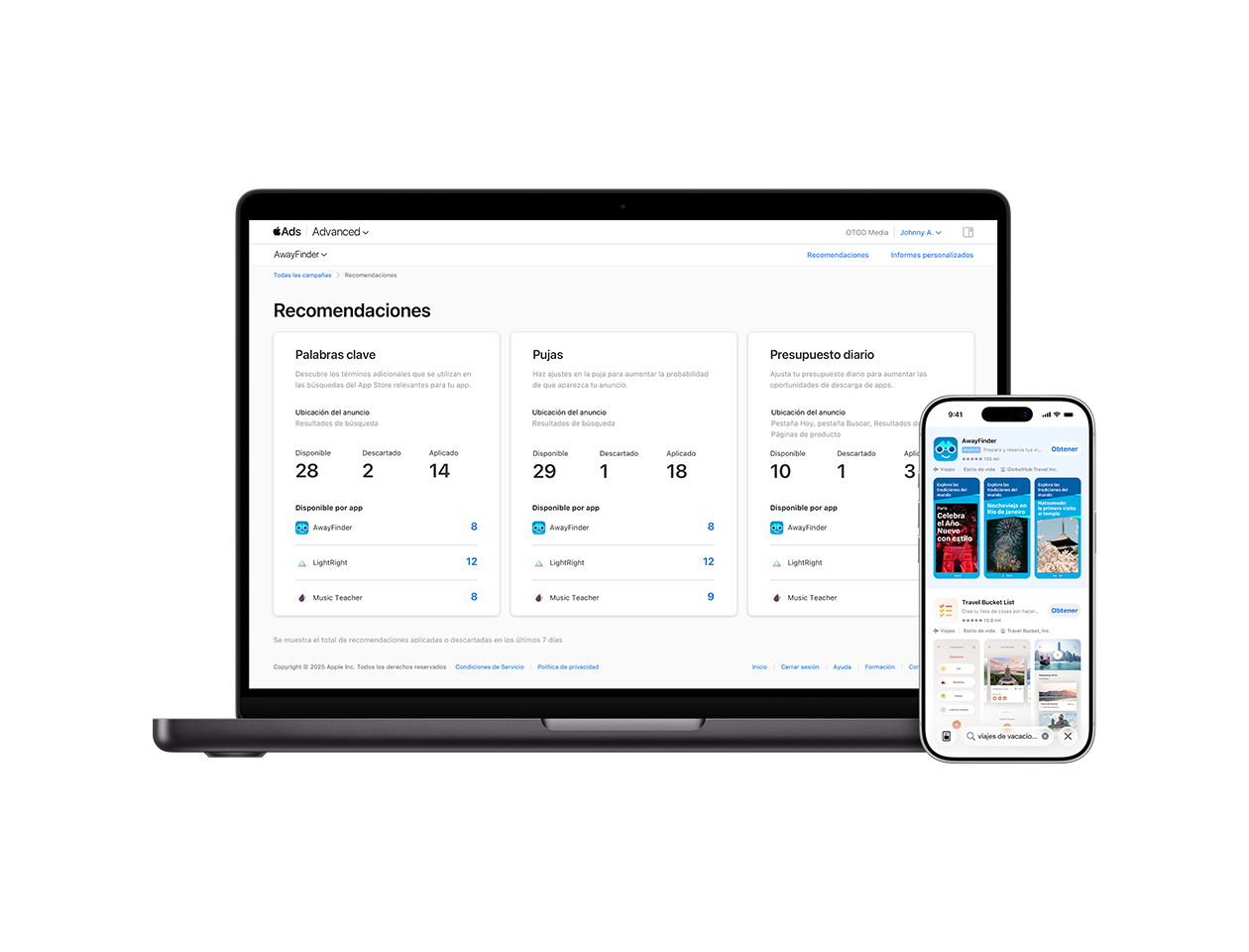 Un MacBook que muestra la página Recomendaciones de una cuenta de Apple Ads. Junto a él hay un iPhone que muestra un anuncio de la app de viajes de ejemplo, AwayFinder, en la parte superior de los resultados de búsqueda del App Store.