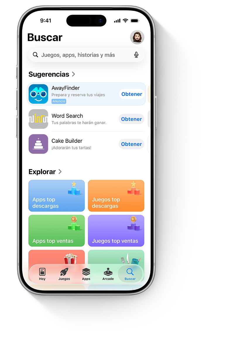 Un iPhone que muestra un anuncio en la pestaña Buscar de la app de ejemplo, AwayFinder.