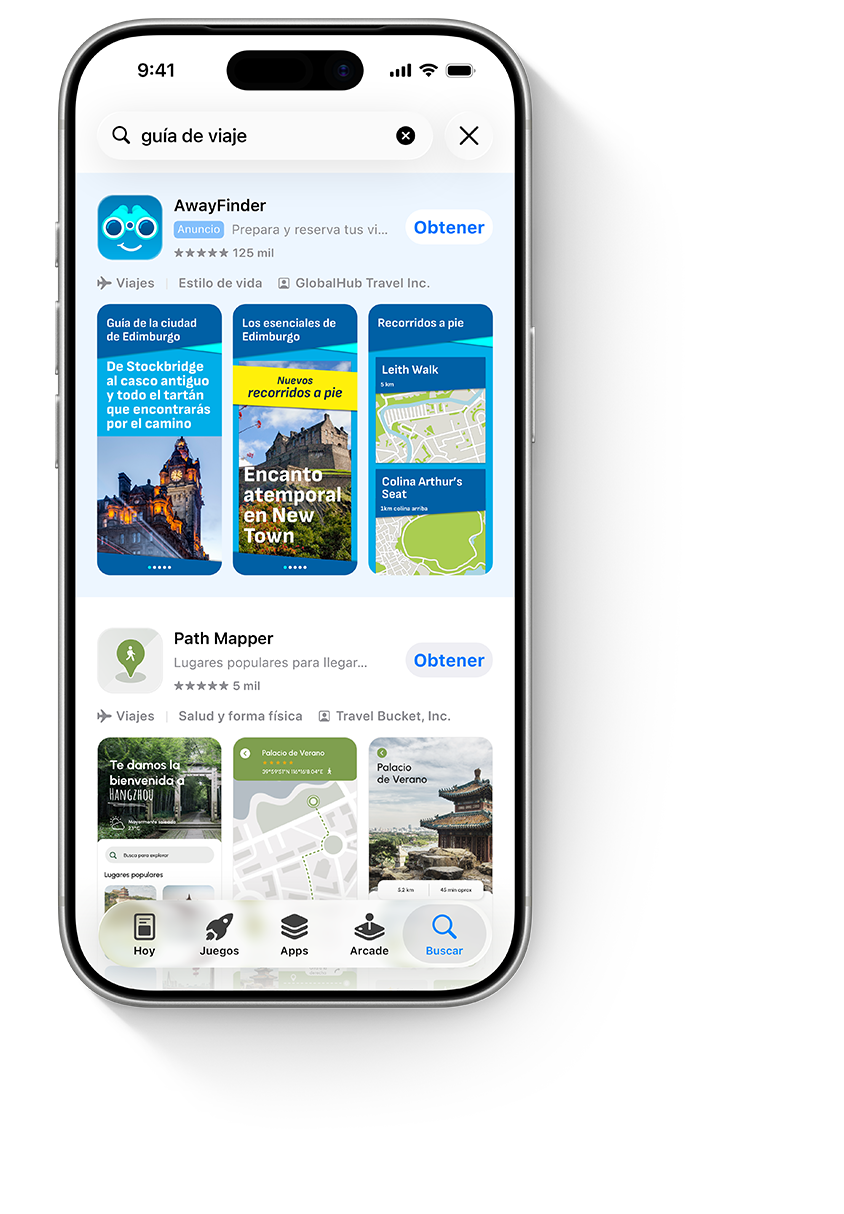 Un iPhone que muestra un anuncio en la parte superior de los resultados de búsqueda de la app de ejemplo, AwayFinder.