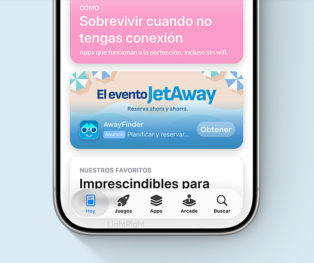 Anuncio en la pestaña Hoy de AwayFinder, una app de ejemplo, con materiales creativos que incluyen una ilustración de una playa y una promoción especial: el JetAway Event.