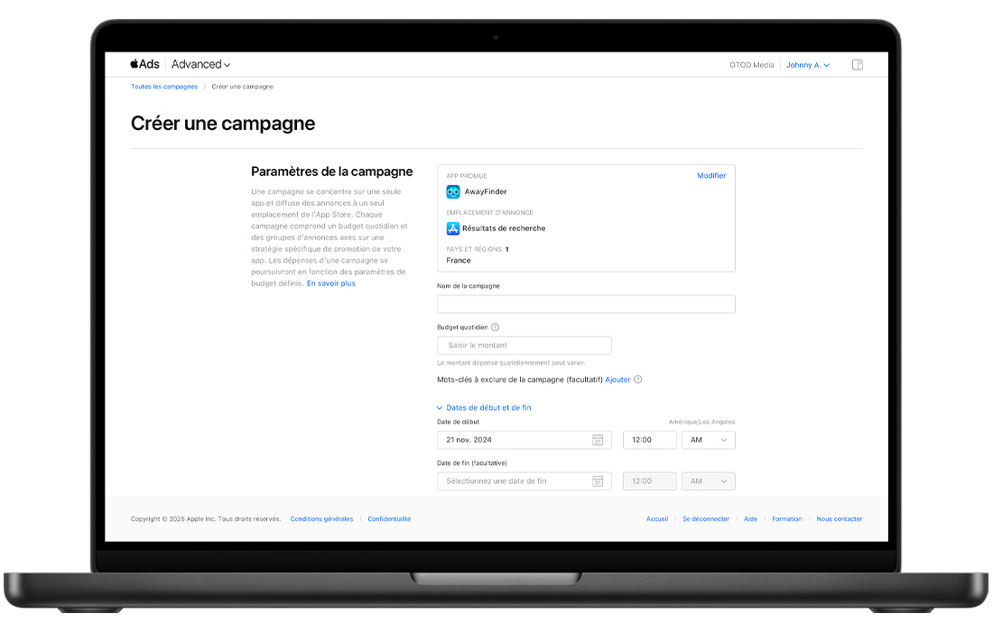 La page Créer une campagne d’Apple Ads affichant les paramètres de la campagne. En bas de l’écran, sous les champs vides Nom de la campagne et Budget quotidien, un lien bleu intitulé Dates de début et de fin a été ouvert pour afficher les champs Date et heure de début et les champs facultatifs Date et heure de fin.