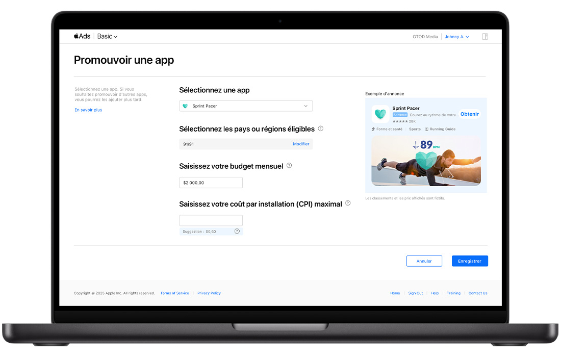 Un écran de MacBook affiche la page Promouvoir une app pour Apple Ads Basic. L’app choisie est Sprint Pacer ; 60 pays ou régions éligibles sur 60 ont été sélectionnés ; le budget mensuel est défini sur 2 000 USD et le CPI suggéré sur 0,60 USD.