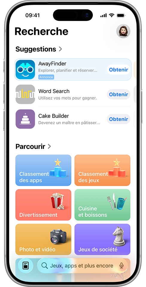 Annonce de l’app fictive AwayFinder, présentée dans l’onglet Rechercher en haut de la liste des apps suggérées.
