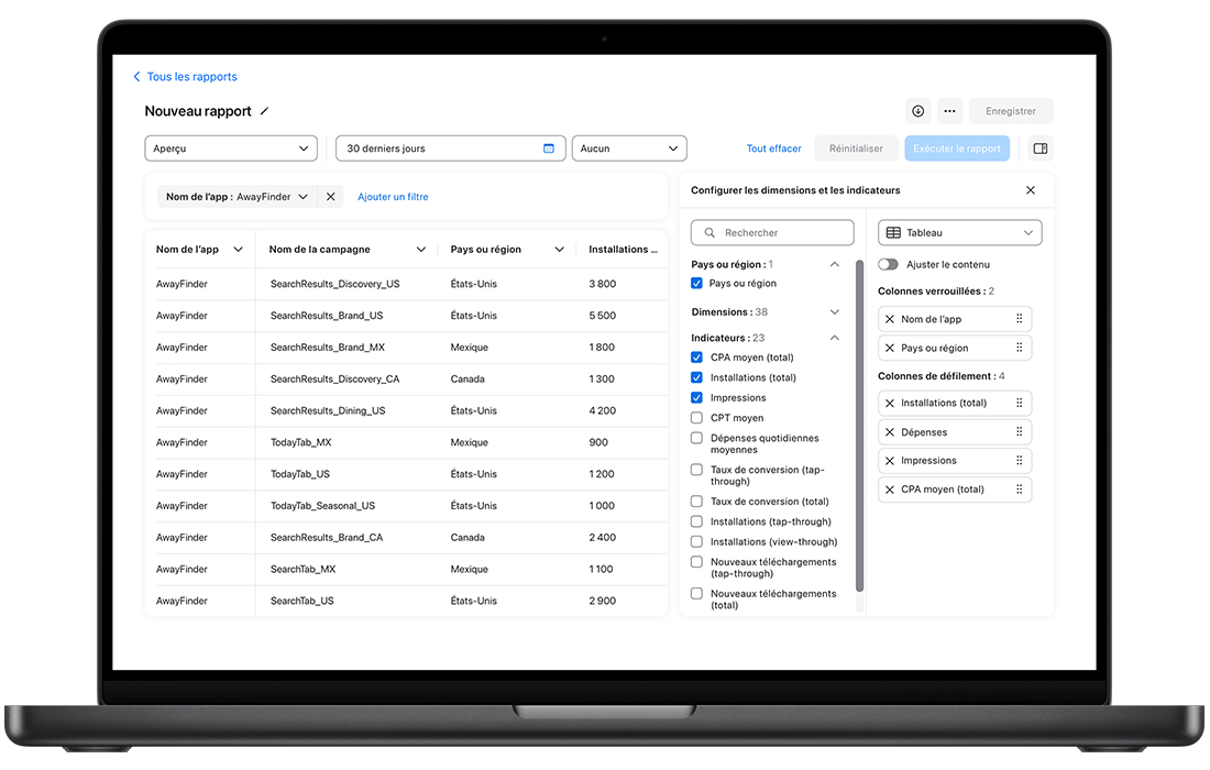 Rapport avec graphique à colonnes empilées dans Insights. Une liste de mesures est affichée à gauche du rapport, avec des cases à cocher spécifiques sélectionnées pour déterminer les données du rapport. 