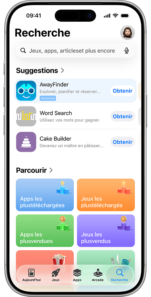 Annonce de l’app fictive AwayFinder, présentée dans l’onglet Rechercher en haut de la liste des apps suggérées.