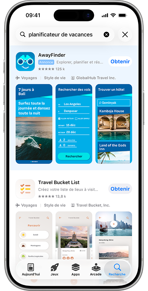 Les termes « planificateur de vacances » sont saisis dans le champ de recherche de l’App Store et une annonce de l’app fictive AwayFinder apparaît en haut des résultats de recherche.